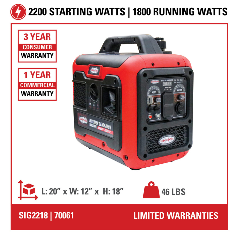 Simpson Portable 1800-Watt Inverter Generator - SIG2218 wattage and warranties