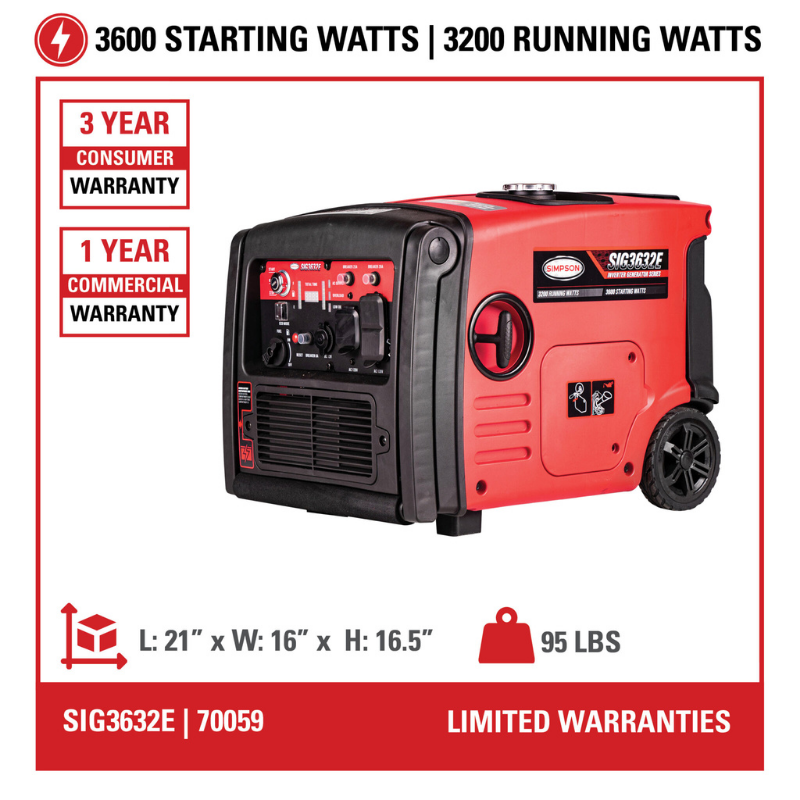 Simpson Portable 3200-Watt Inverter Generator - SIG3632E Wattage and warranties