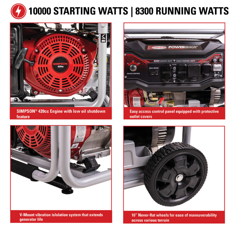 Simpson PowerShot Portable 8300-Watt Generator - SPG8310E information on the engine and the control panel