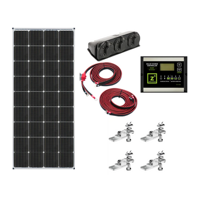 zamp solar 170w solar kit with each product laid out individually